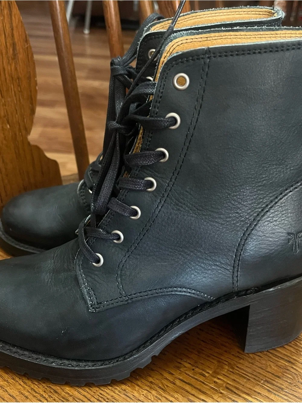 Frye Black Leather Lace-Up Ankle Boots with Tan Interior